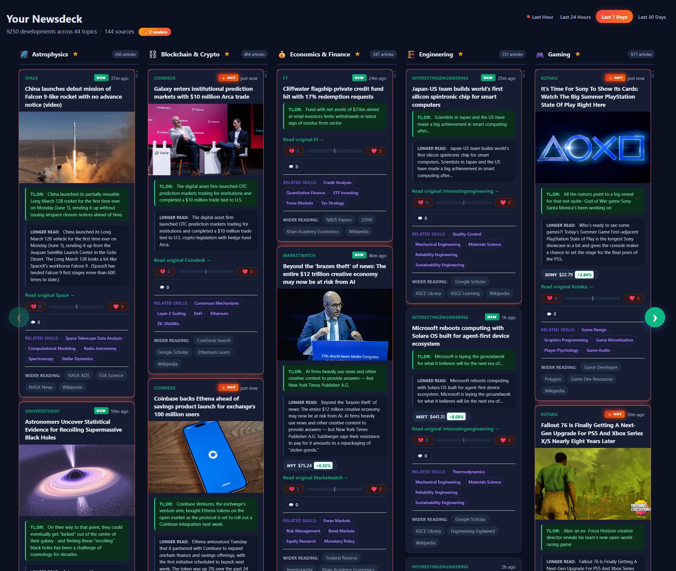 A live Newsdeck with multiple topic columns of summarised stories